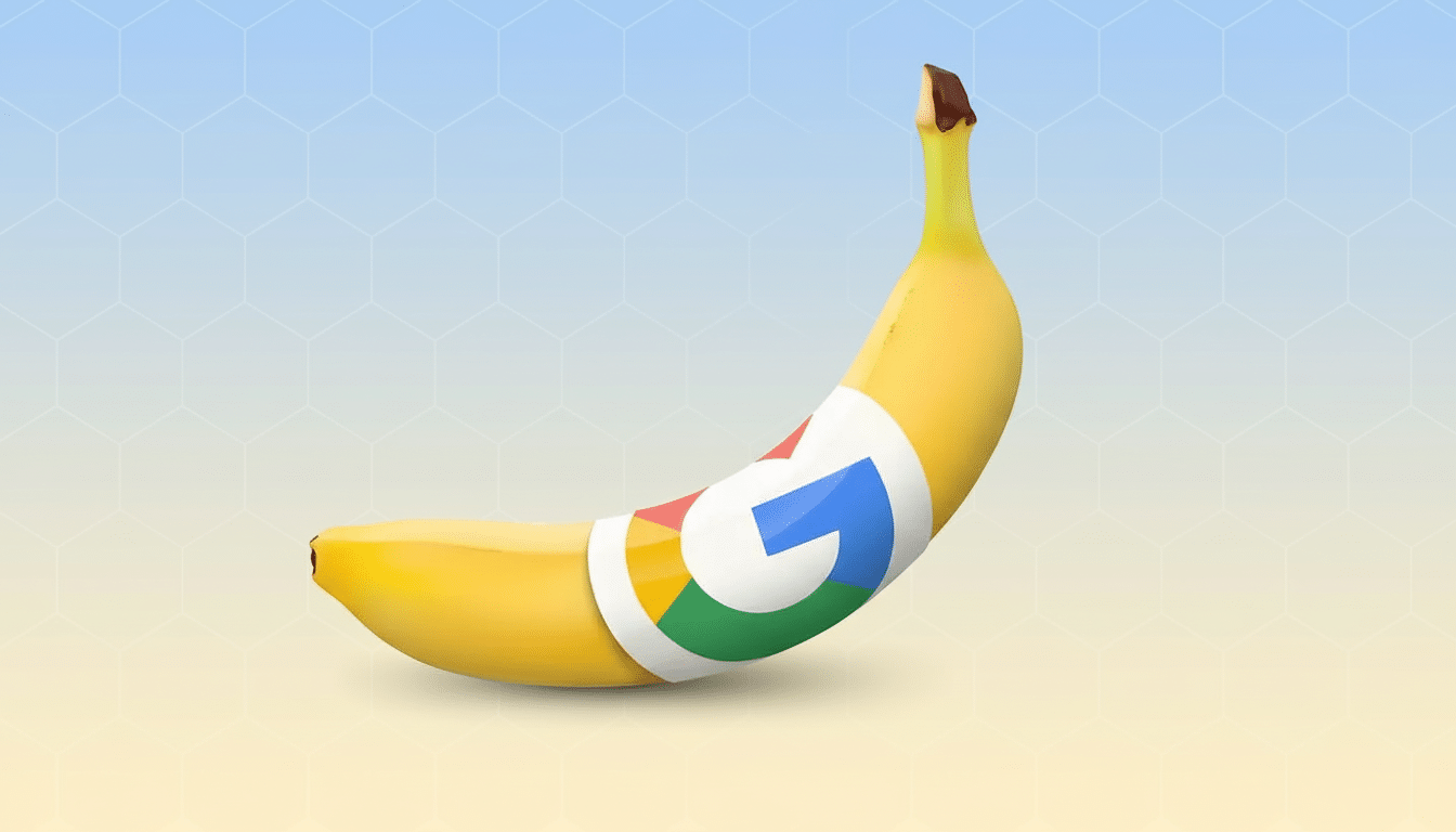 A yellow banana with a Google logo sticker on its peel, set against a professional gradient background with subtle hexagonal patterns.