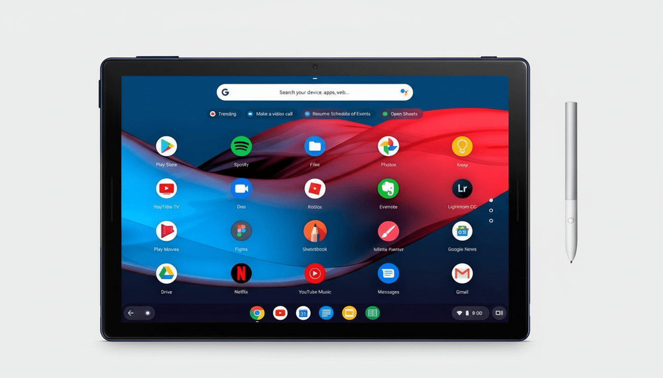 A dark blue tablet displaying a vibrant app interface with a white stylus pen resting beside it on a light gray background.