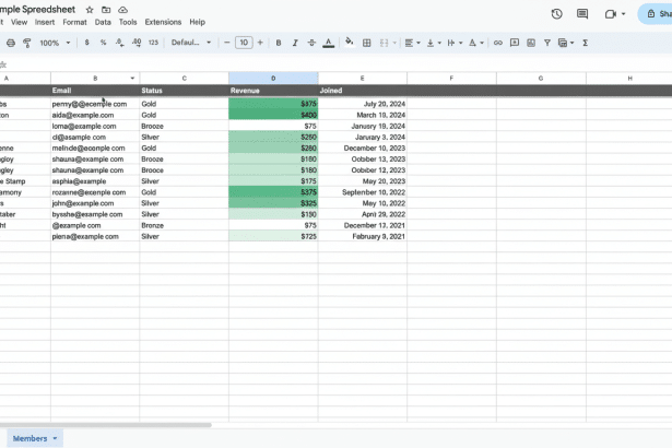 A professional screenshot of a spreadsheet application displaying sales data, resized to a 1 6:9 aspect ratio. The spreadsheet shows columns for Name , Email, Status ( Gold, Bronze, Silver), Revenue, and Joined date.