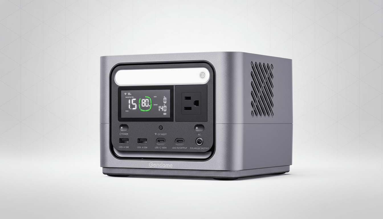A professional shot of a gray G endome portable power station with various ports and a digital display. The background is a subtle , light gray gradient.