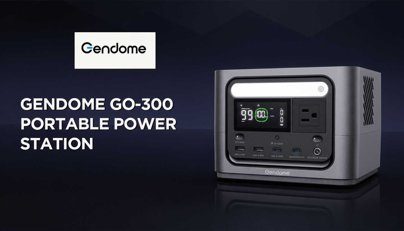 A professional image of the Gend ome GO -300 Portable Power Station, set against a dark background with text indicating the product name and brand logo .