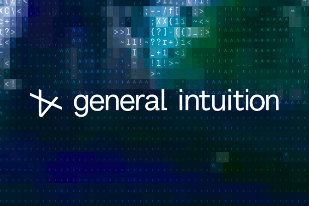The General Intuition logo, a stylized 'G ' and ' I' forming an abstract star shape, with the words ' general intuition' in white text, all against a dark background with blue and green pixelated patterns resembling code or data streams .