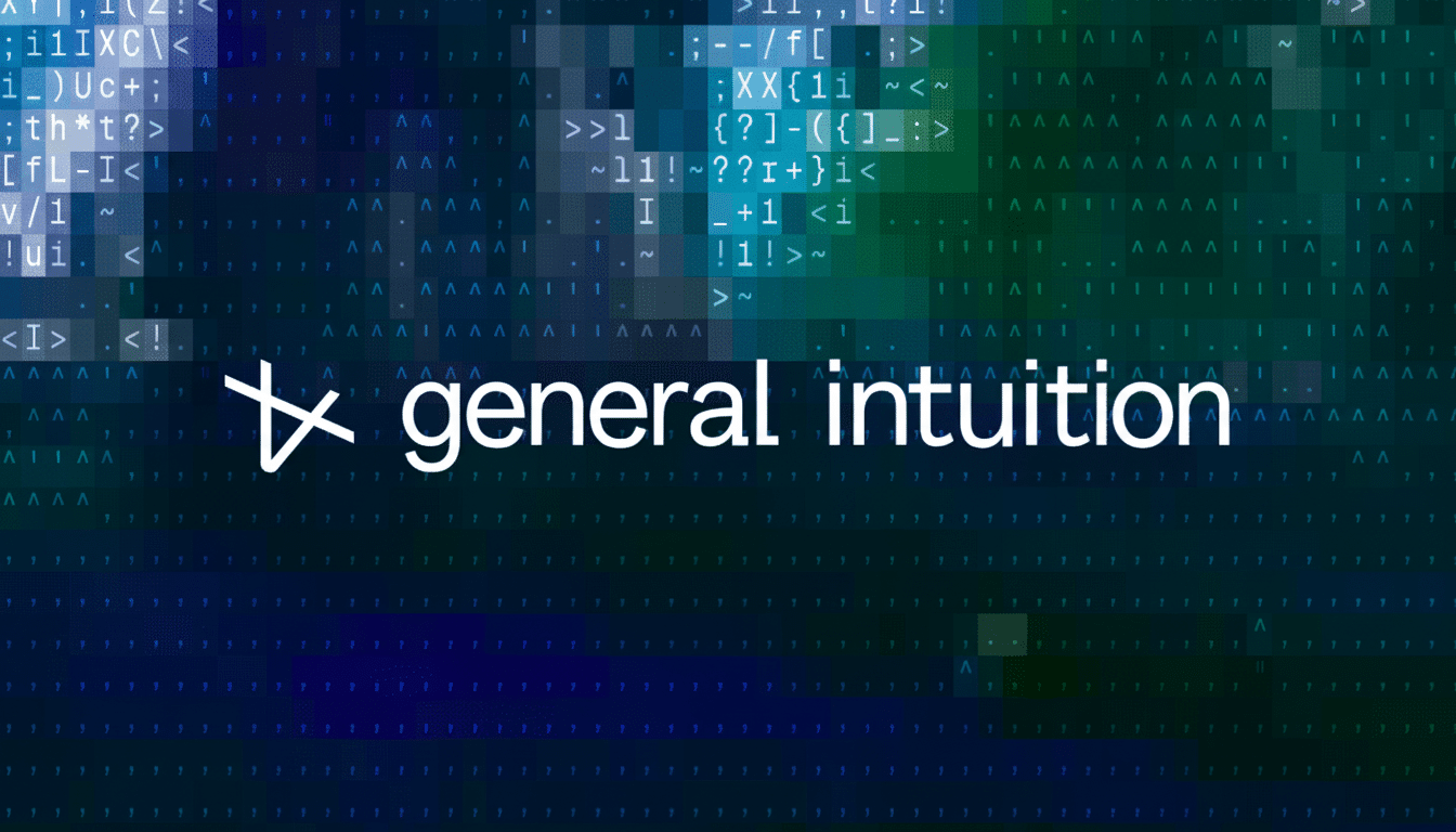 The General Intuition logo, a stylized 'G ' and ' I' forming an abstract star shape, with the words ' general intuition' in white text, all against a dark background with blue and green pixelated patterns resembling code or data streams .