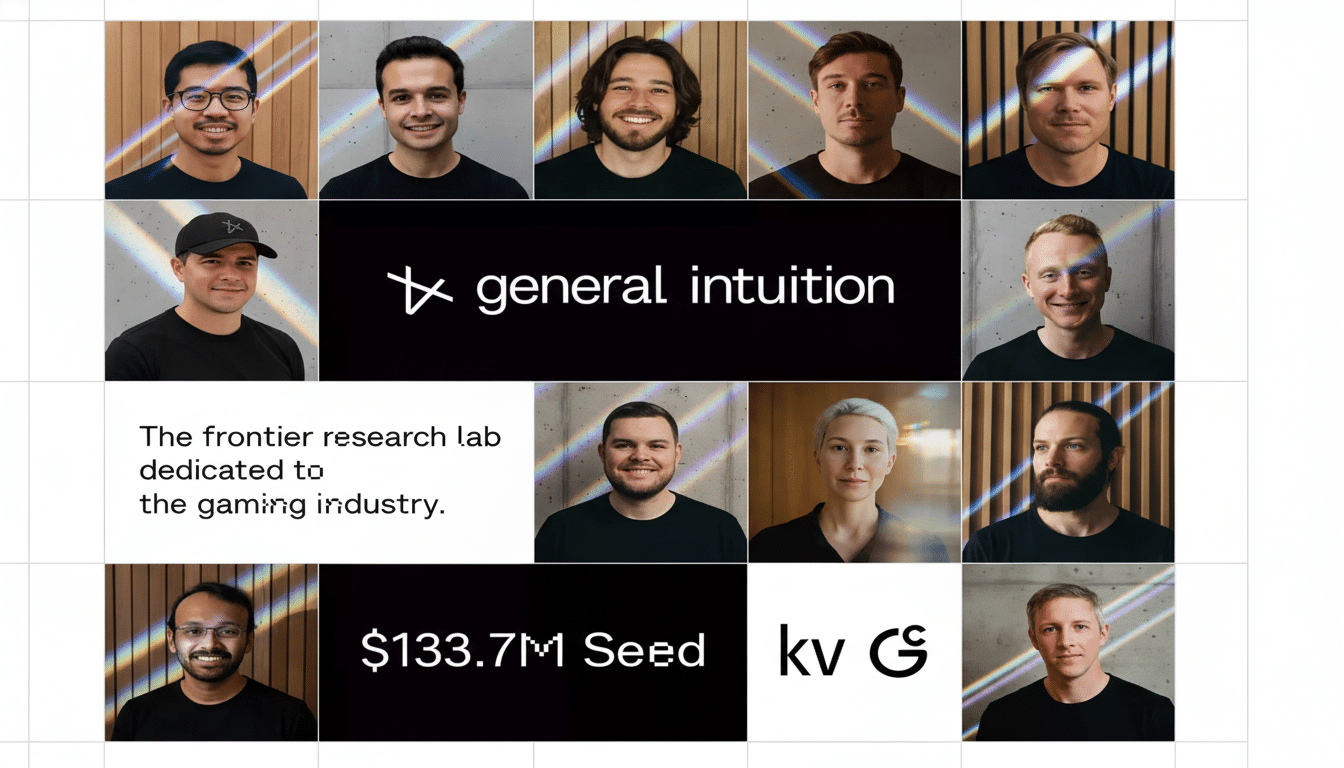 A professional collage showcasing the  General Intuition team and branding . The image features several smiling individuals , likely team members, arranged in a grid-like pattern with the company logo  general intuition, The frontier research lab dedicated to the gaming industry., 3 .7M Seed , and kvG  text elements interspersed. The background combines concrete and wood panels with subtle light streaks .