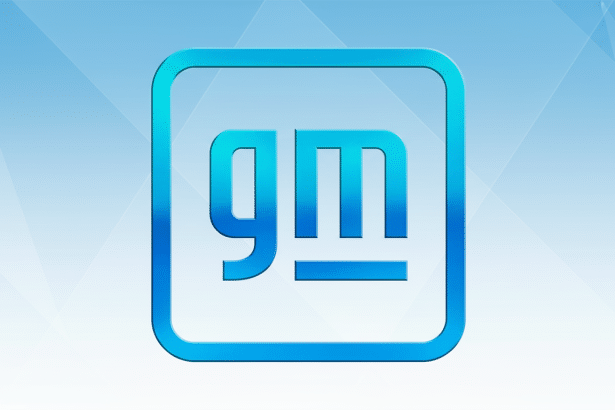 The General Motors ( GM) logo, featuring the stylized gm in a bright blue outlined square, set against a professional light blue background with subtle geometric patterns and a soft gradient. Filename : general motorslogo professional background .png