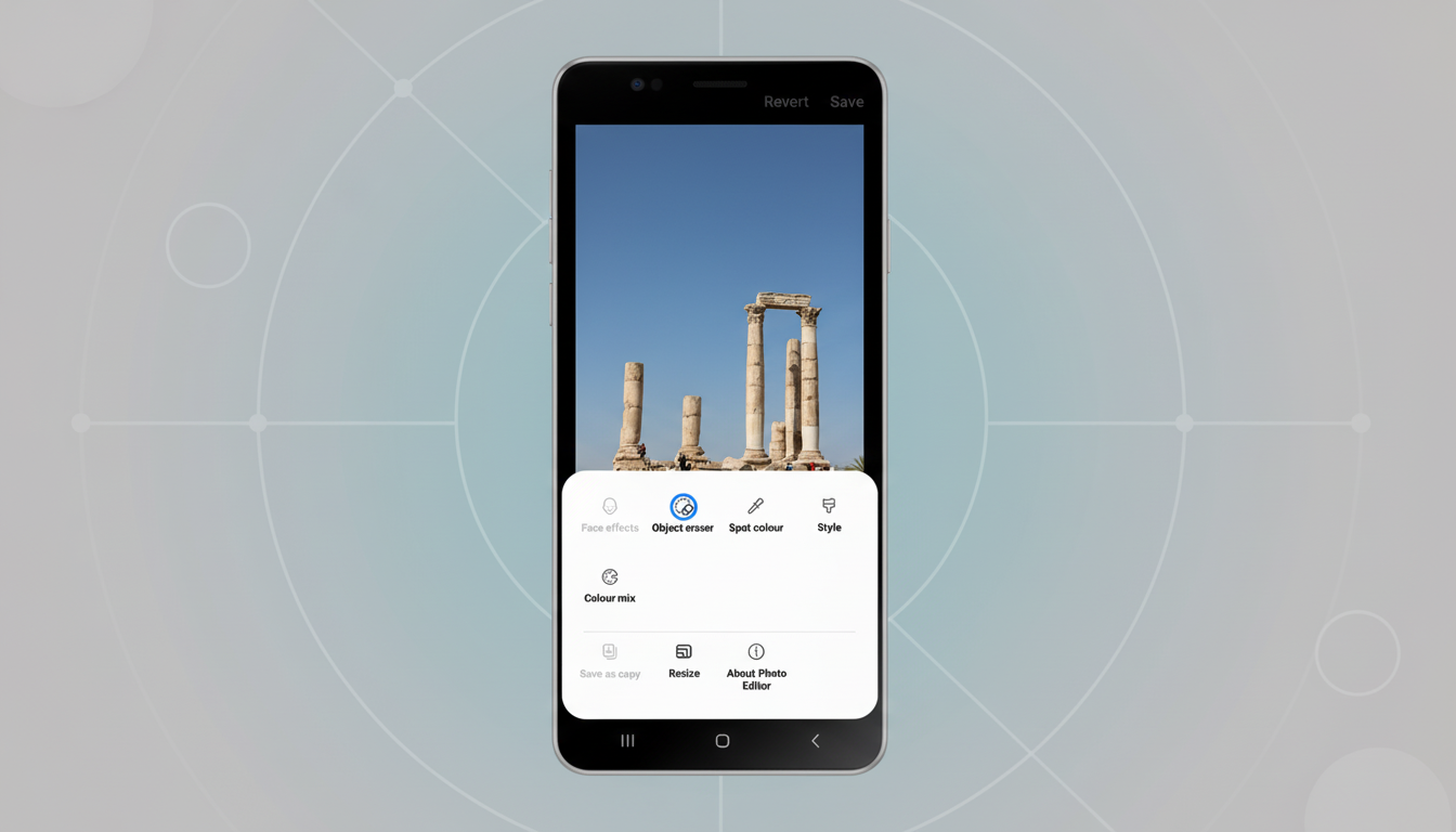 A smartphone displaying a photo editing interface with an image of ancient ruins, set against a professional flat design background with subtle geometric patterns.
