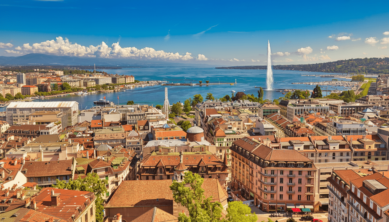 An aerial view of Geneva, Switzerland , showing the city ' s buildings , Lake Geneva, and the Jet d 'Eau fountain under a clear blue sky. Filename : geneva cityscape lake jetde au .png