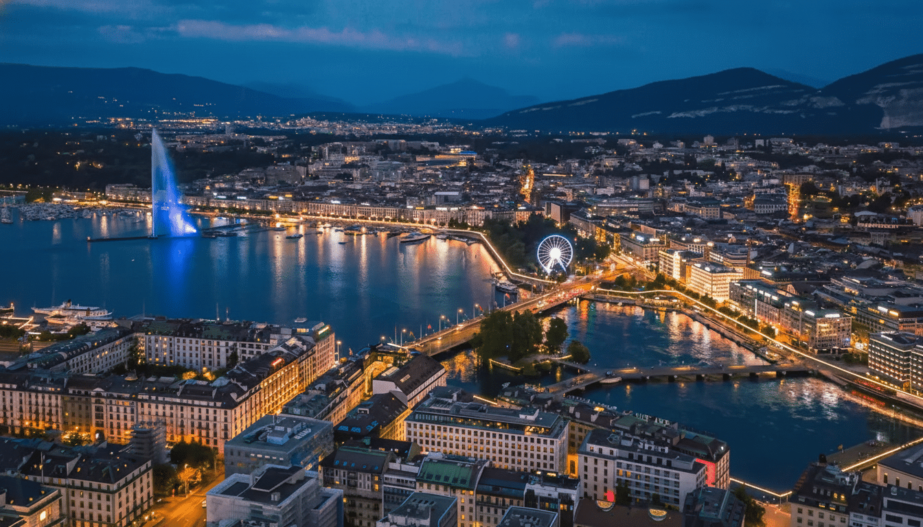 An aerial nighttime view of Geneva, Switzerland, showing the illuminated Jet d'Eau , city lights , and a Ferris wheel, with mountains in the background. Filename : geneva nightaerial 16 9.png