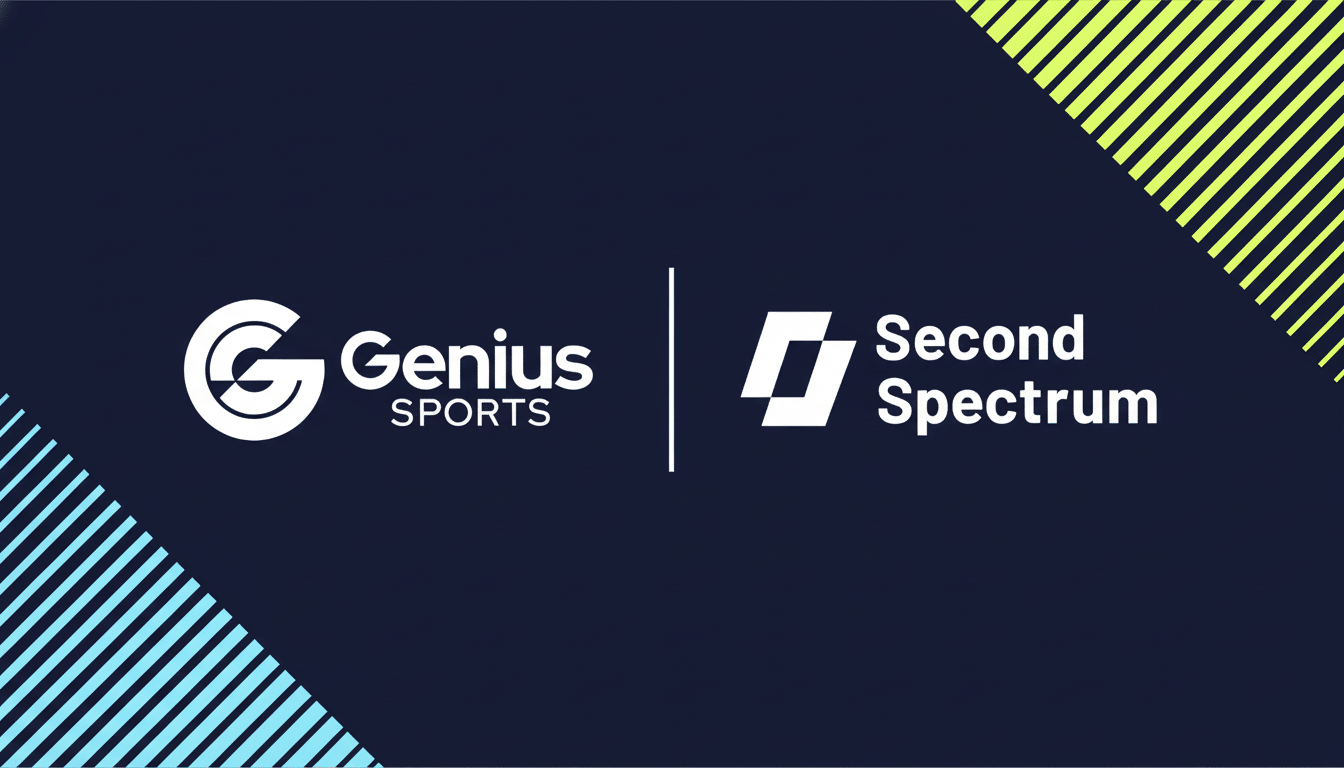 The Genius Sports and Second Spectrum logos are displayed side by side on a dark blue background with diagonal light blue and yellow stripes in the corners.