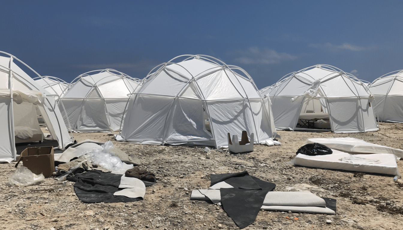 A group of white geodesic dome tents set up on a rocky, uneven terrain under a clear blue sky, with some debris scattered in the foreground.