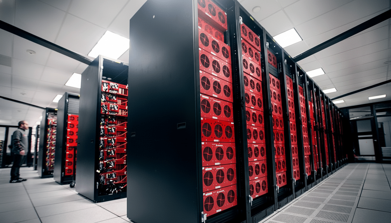 A man standing in a large data center with rows of black server racks filled with red computing units. Filename : datacenter 16 9. png