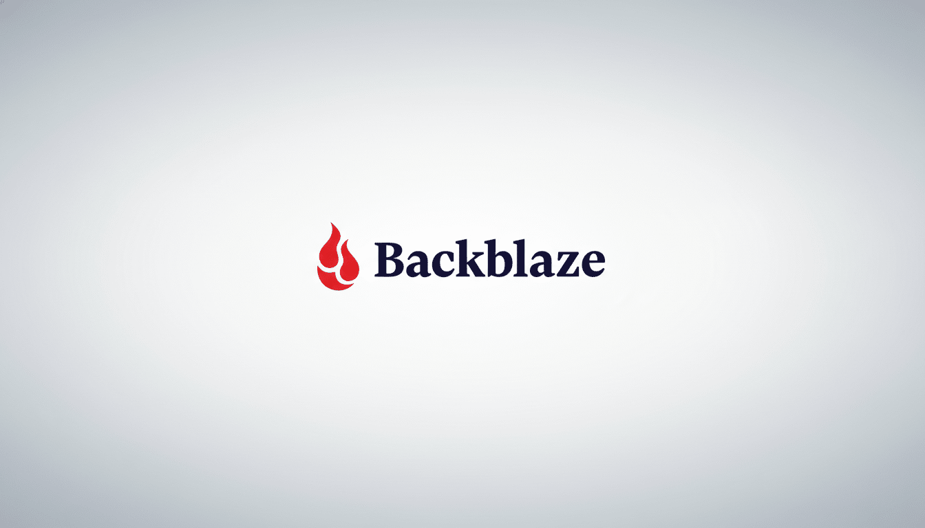 The Backblaze logo , featuring a red flame icon and dark blue text, centered on a subtly gradient light gray background in a 16 :9 aspect ratio .