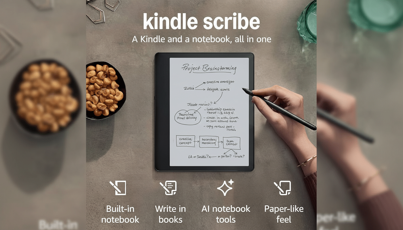 An Amazon Kindle Scribe e -reader with a stylus being held by a hand, displaying a Project Brainstorming note, set on a dark grey background with four