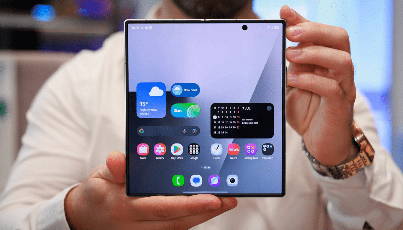 A person holding a foldable smartphone with its screen displaying various app icons and widgets, including weather and a calendar.