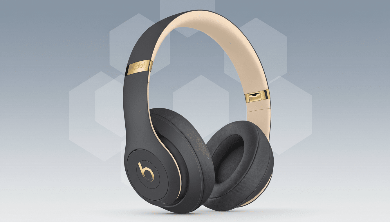 A pair of Beats Studio3 Wireless headphones in matte gray with gold accents, presented professionally on a gray background with subtle hexagonal patte