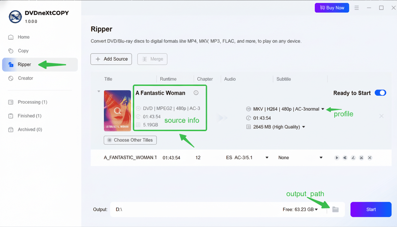 Screenshot of the DVDNextCOPY Ripper interface, showing the process of converting a movie titled A Fantastic Woman. The image highlights source information, output format profile , and output path with green arrows and text boxes, all set against a white and grey professional background. Filename : dvdnextcopy ripper interface. png