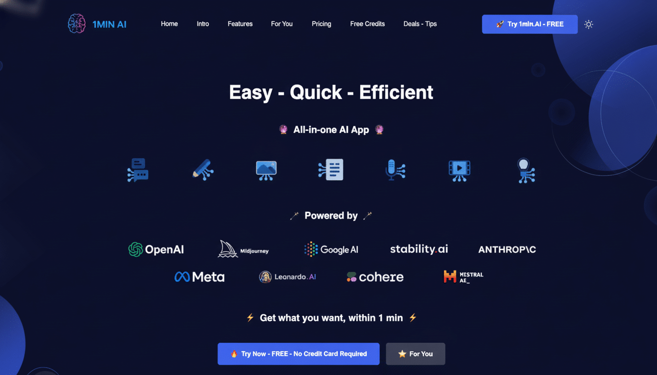 The 1min.AI website homepage, featuring a dark blue background with various AI service logos and a central Easy - Quick - Efficient All -in-one AI App slogan .