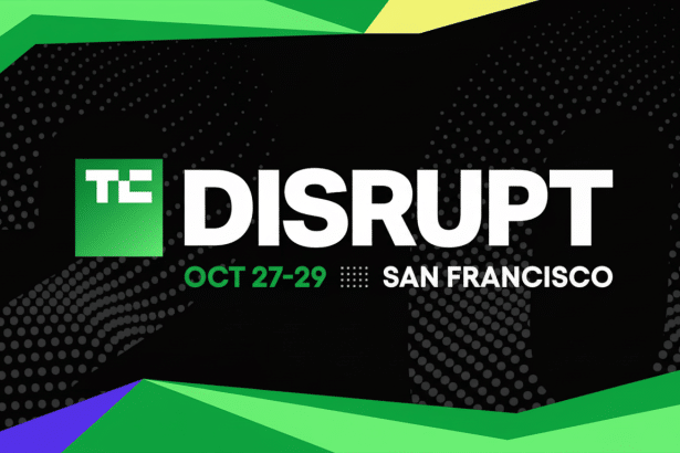 A banner for TC Disrupt, an event in San Francisco from October 27 -29, with a tech - themed green, black, and white design.