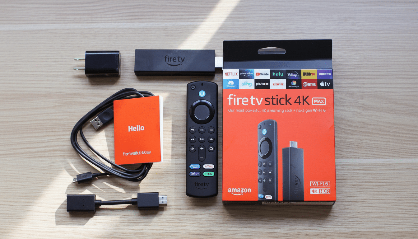 An Amazon Fire TV Stick 4K Max and its accessories, including the remote, power adapter, and cables, are laid out on a light wooden surface. The produ
