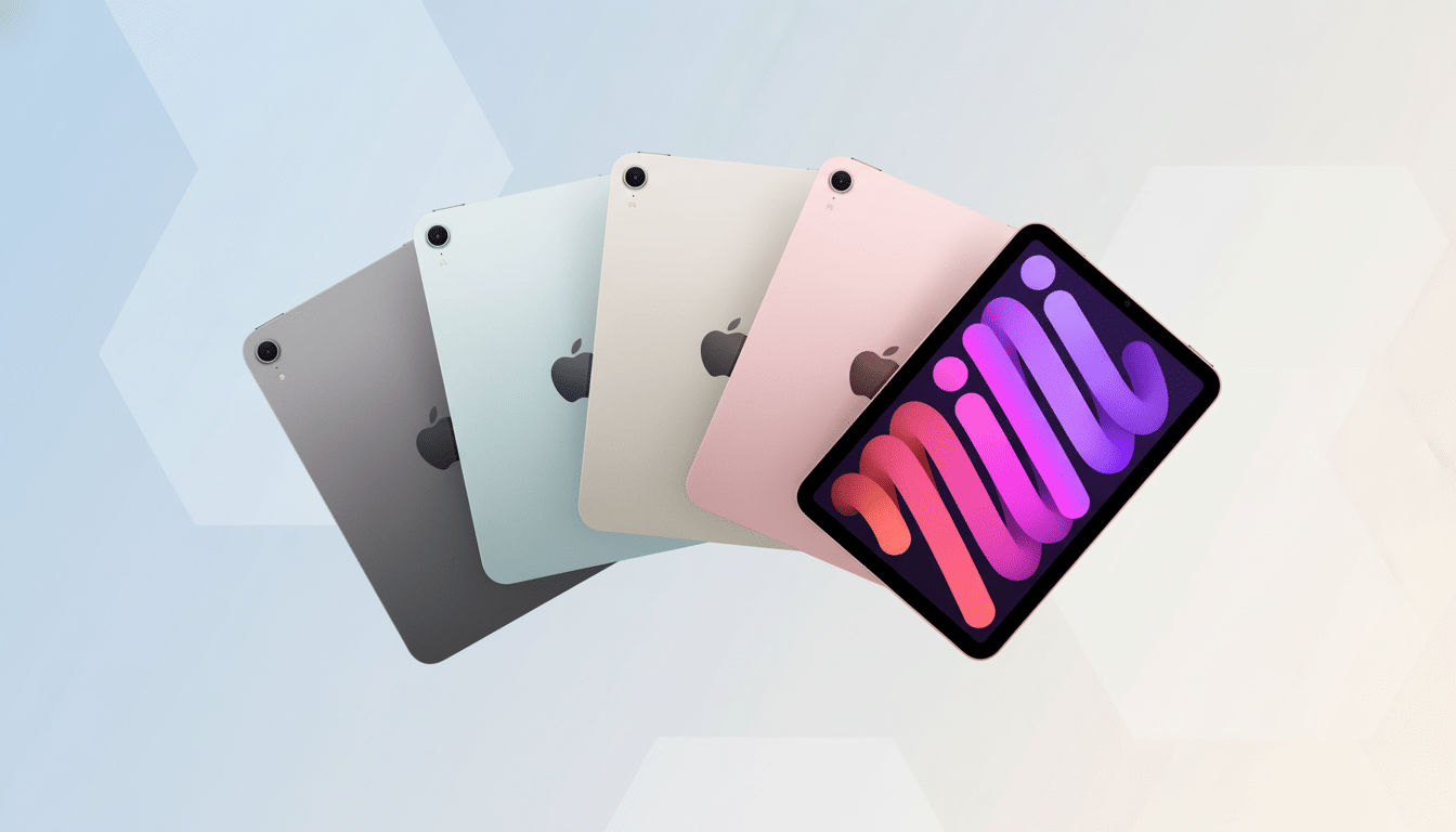 lt Text: Five iPad Mini devices are f anned out against a soft, light blue and white gradient back