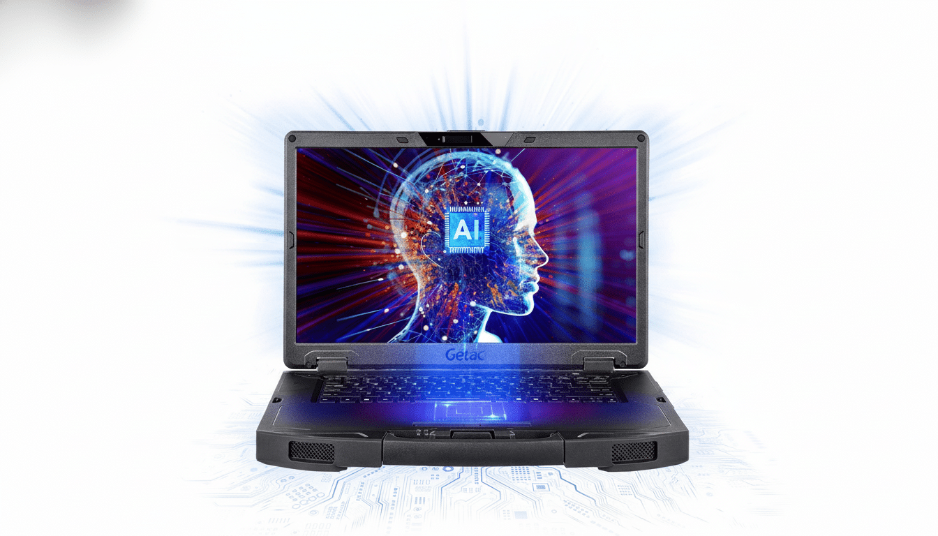 A black rugged Get ac laptop displaying a digital human head with an AI chip on the screen, surrounded by a subtle circuit board pattern and light rays. Filename : getac ai laptop1 6 9.png