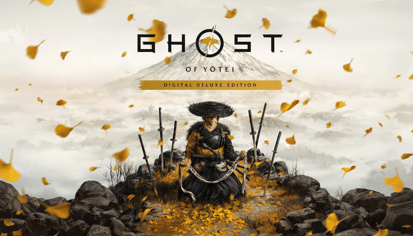 Ghost of Yotei Digital Deluxe Edition game cover art showing a samurai warrior surrounded by k atanas and falling golden leaves with a mountain in the