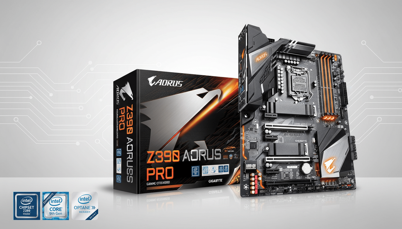 A Gig abyte Z39 0 AORUS PRO motherboard and its retail box are displayed against a clean, professional grey background with subtle circuit - like patterns. The image is in a 1 6:9 aspect ratio.