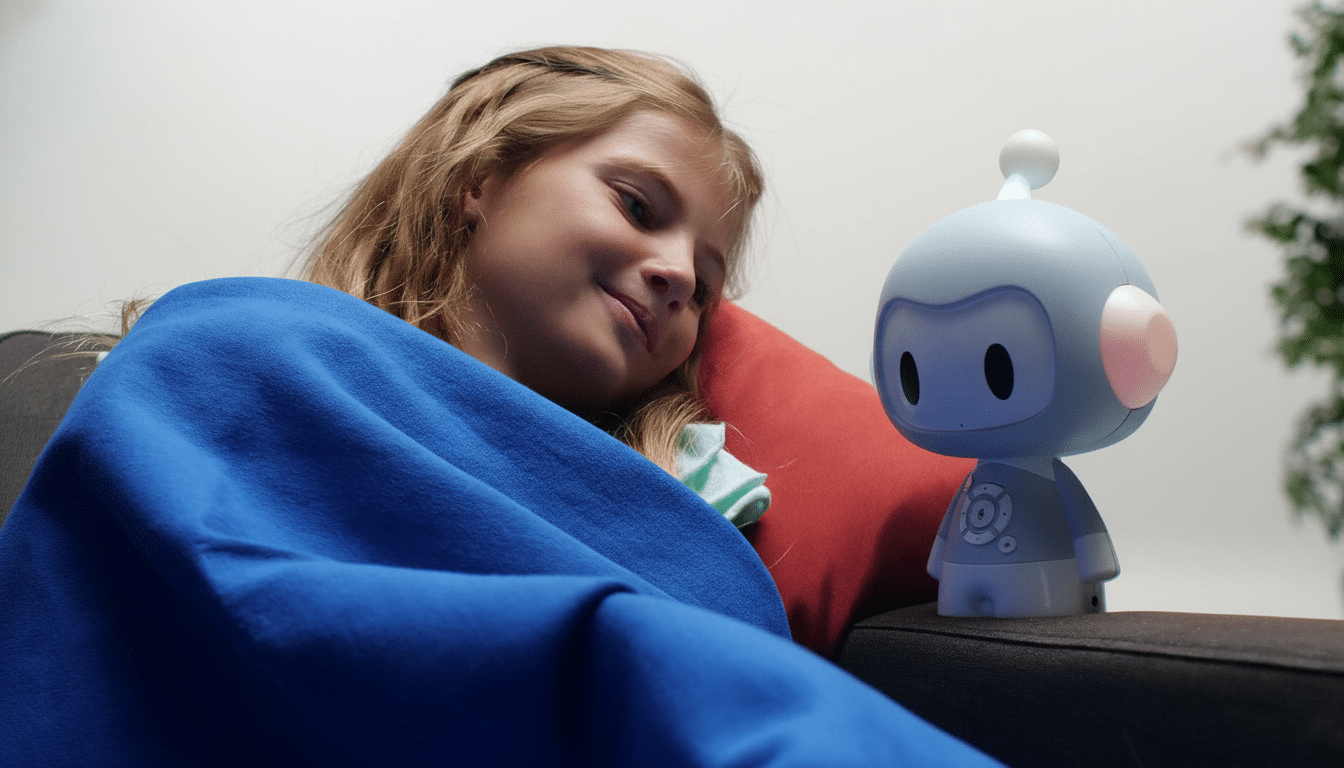 A young girl, covered in a blue blanket and resting on a red pillow, smiles gently while looking at a small, light blue robot with pink ears and a single antenna , sitting on a dark couch beside her. Filename : girl androbot oncouch .png