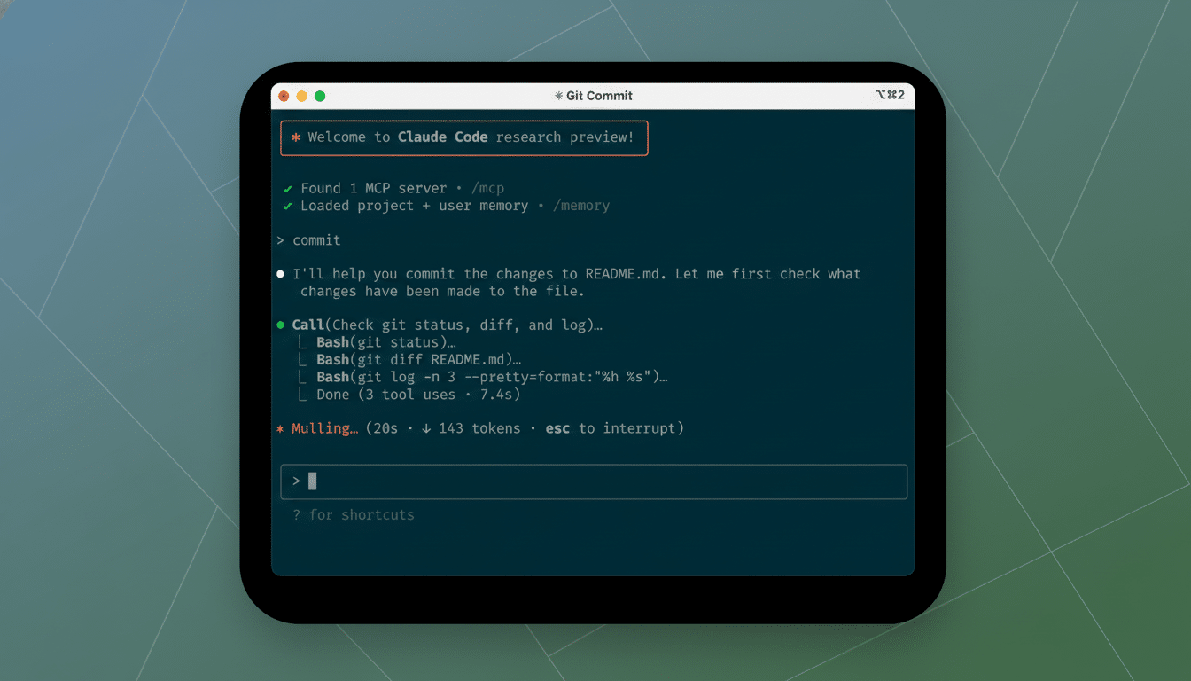 A screenshot of a Git Commit terminal window displaying a Claude Code research preview, showing status checks, command calls , and a prompt for user input, set against a professional flat design background with soft geometric patterns.