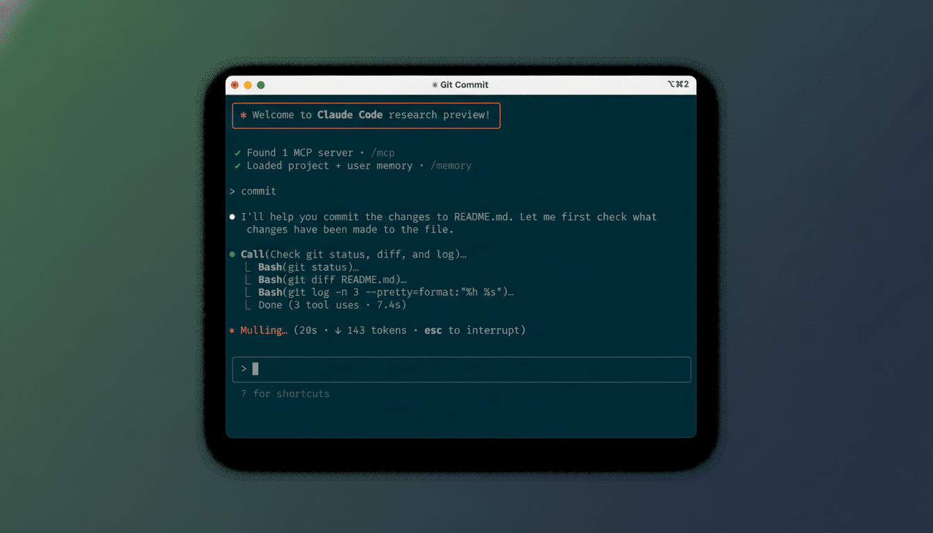 A terminal window displaying a  Git Commit interface with text showing a Welcome to Claude Code research preview! message, along with details about finding an MCP server, loading project and user memory, and an ongoing  Mulling... process .
