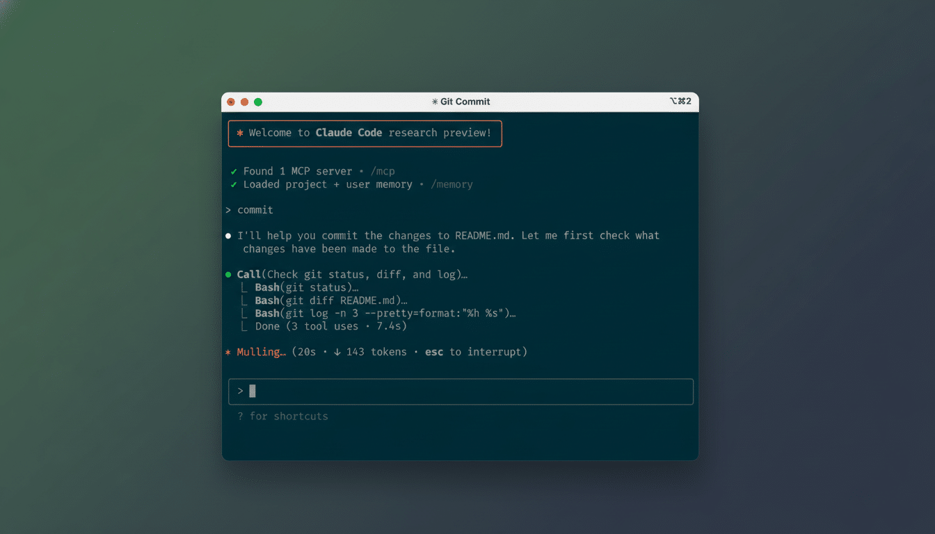 A screenshot of a Git Commit window showing a welcome message, server status , and a commit process for changes to a README.md file .