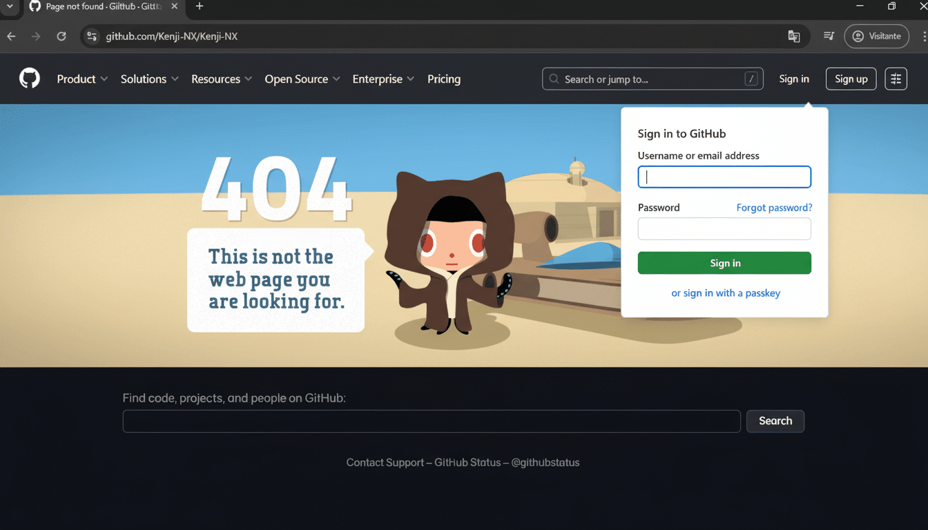 Screenshot of a GitHub 404 error page featuring a Sign in to GitHub pop -up overlay. The page displays a cartoon character in a brown hooded costume w