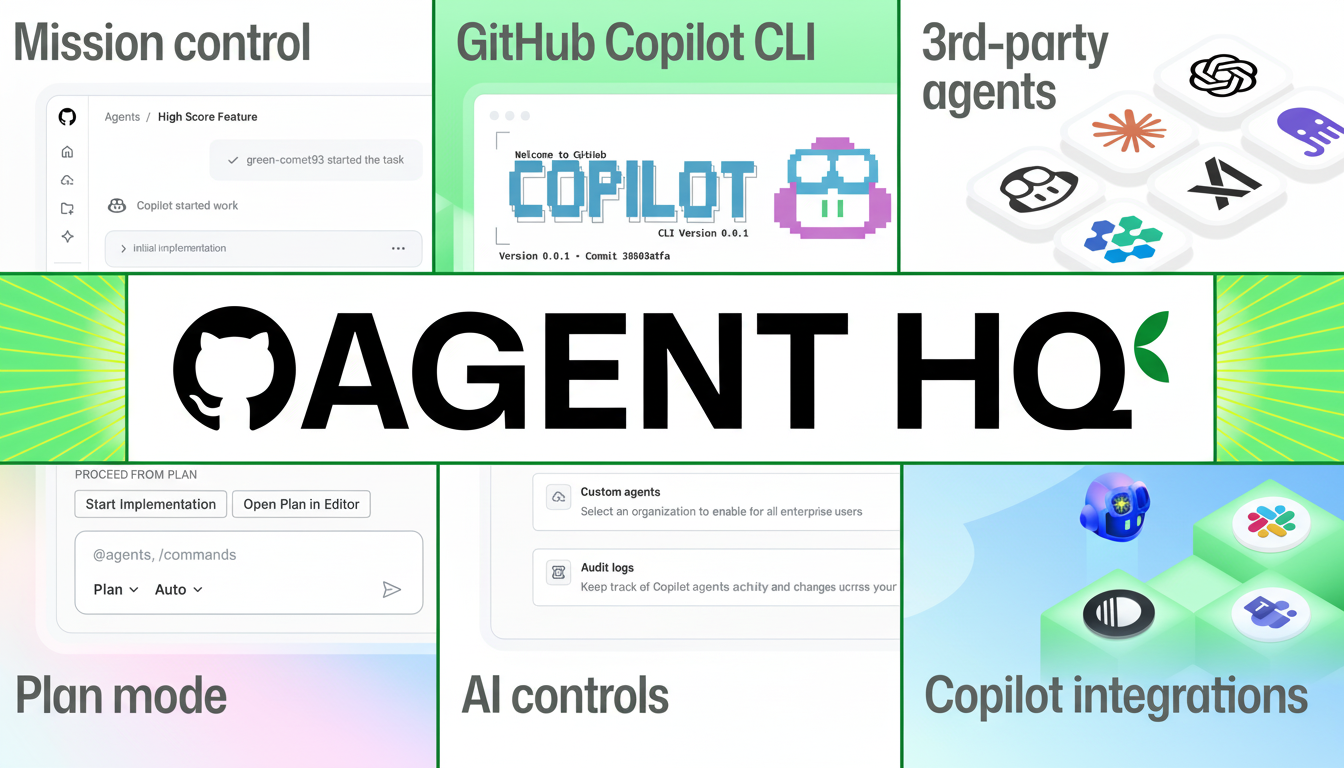 A collage of six images related to Agent HQ and GitHub Copilot CLI, showcasing various features like mission control, third-party agents, plan mode, AI controls, and Copilot integrations.