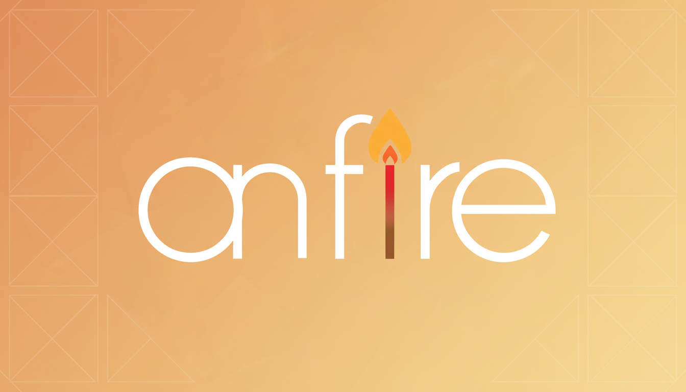 The word onfire in white text, with the i replaced by a lit matchstick, set against a professional flat design background with soft orange gradients and subtle geometric patterns.