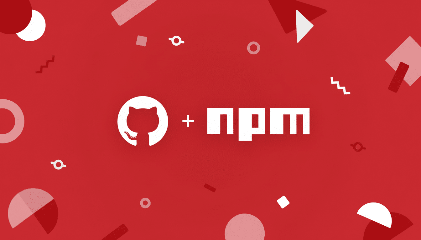 The GitHub Oct ocat logo and the npm logo are displayed side-by- side with a plus sign in between them , against a red background with white geometric shapes.