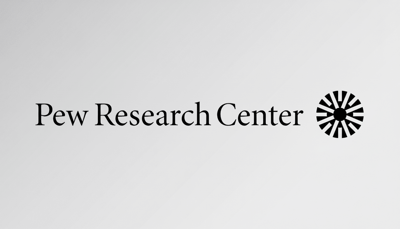 The Pew Research Center logo , featuring Pew Research Center in black serif font next to a black circular, sp oked icon, all set against a soft, light gray gradient background .