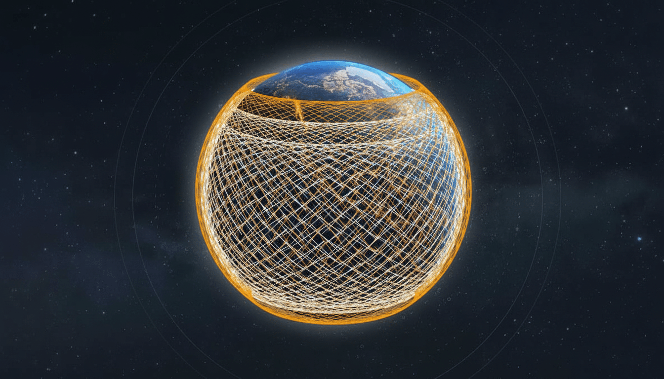 Text: A stylized globe with a net- like orange sphere around it, set against a starry background.