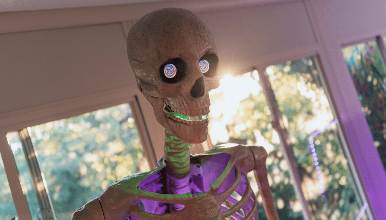 A skeleton figure with glowing, hypnotic spiral eyes and a bright green and purple illuminated chest and jaw, set against a background of sun lit wind