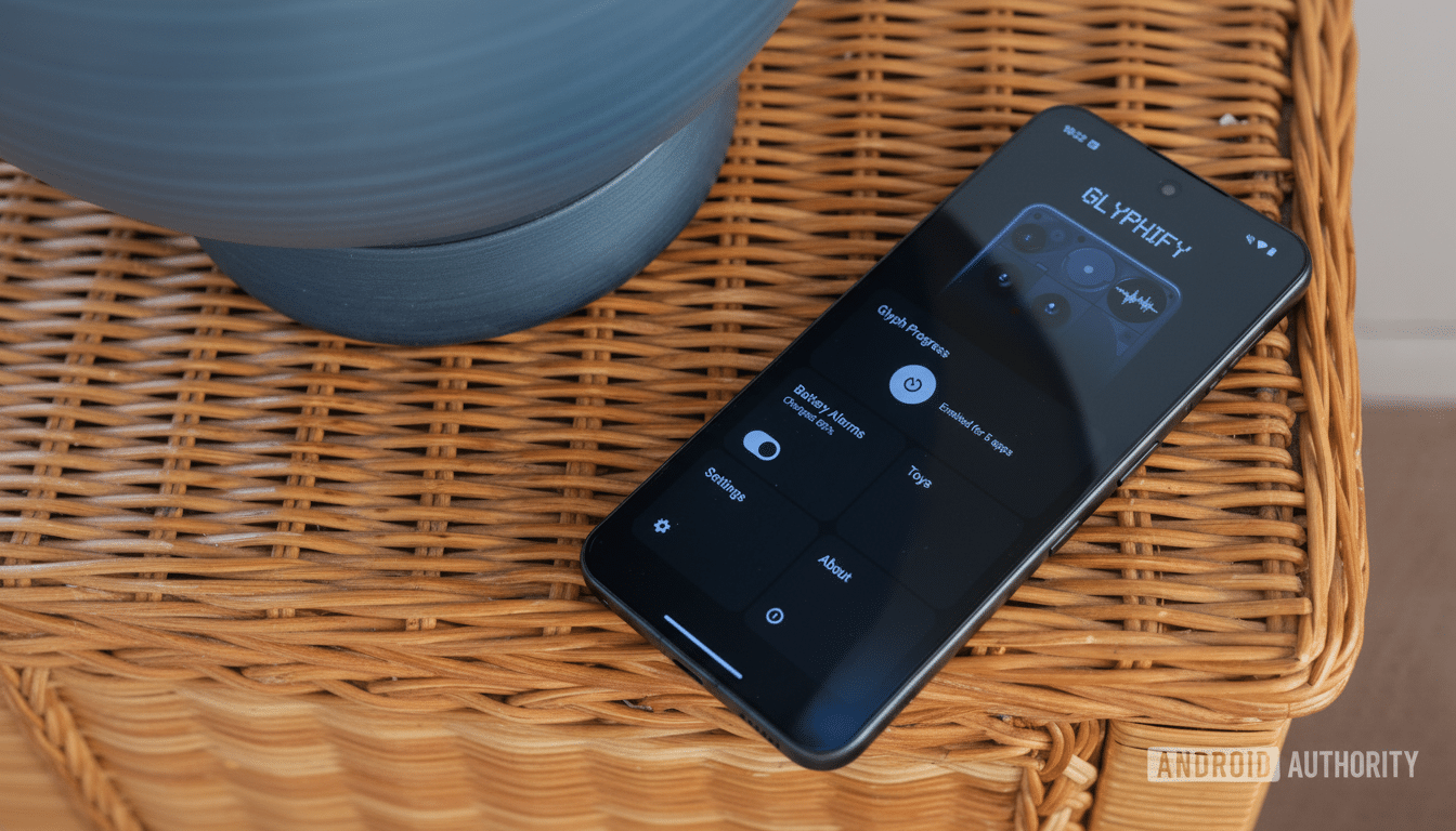 A professional, enhanced image of a smartphone displaying the Glyphify app interface, with a 16: 9 aspect ratio, resting on a wicker surface.