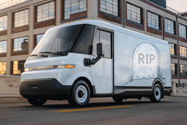 A white delivery van with a tombstone graphic on its side, reading RIP, driving on a city street with brick buildings in the background.
