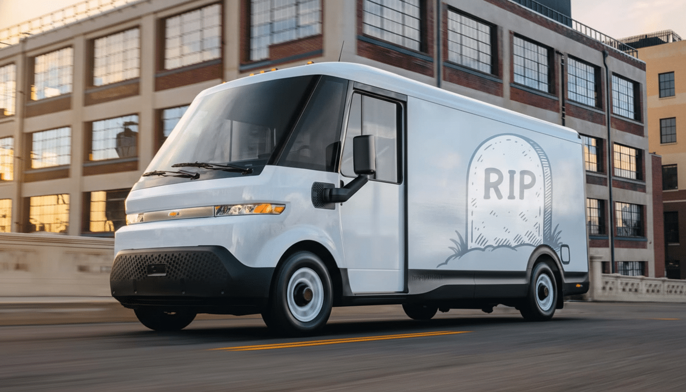 A white delivery van with a tombstone graphic on its side, reading RIP, driving on a city street with brick buildings in the background.