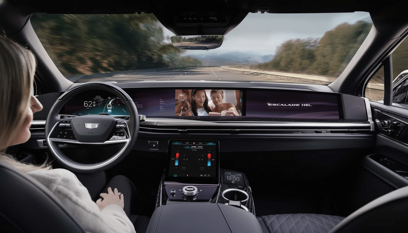 Interior view of a Cadillac Escal ade IQ from the driver's perspective, showcasing the large dashboard screen and a woman ' s hands on the steering wheel.