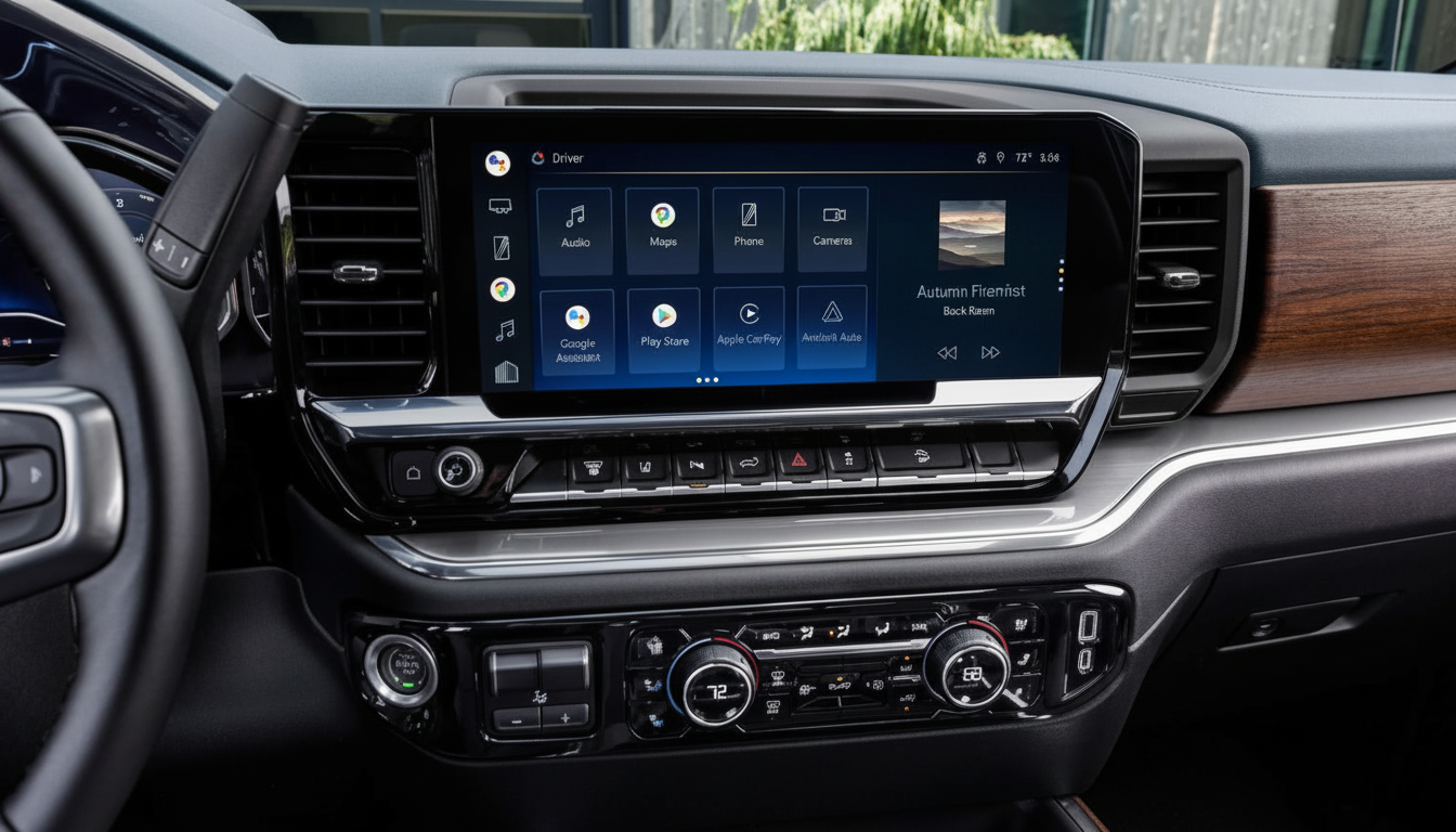The interior of a modern vehicle, showcasing a large central touchscreen display with various app icons and climate controls below.