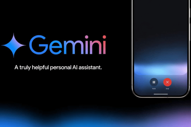 A professional depiction of the Gemini AI assistant logo and tagline next to a smartphone displaying its interface, resized to a 1 6:9 aspect ratio. Filename : gemini aiassistant 1 69. png