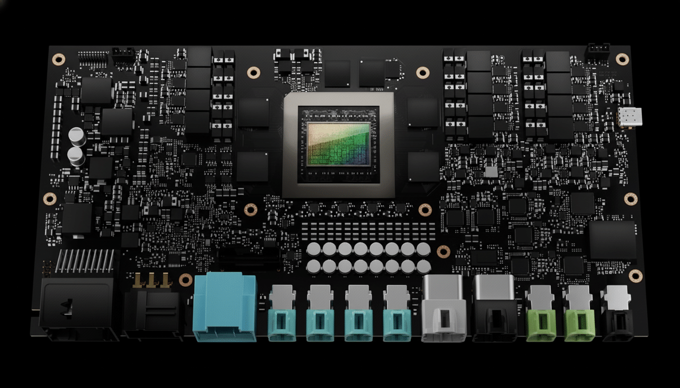 A professional , enhanced image of a black circuit board with a central , colorful square micro chip and various ports in blue , green , and gray, set against a solid black background.