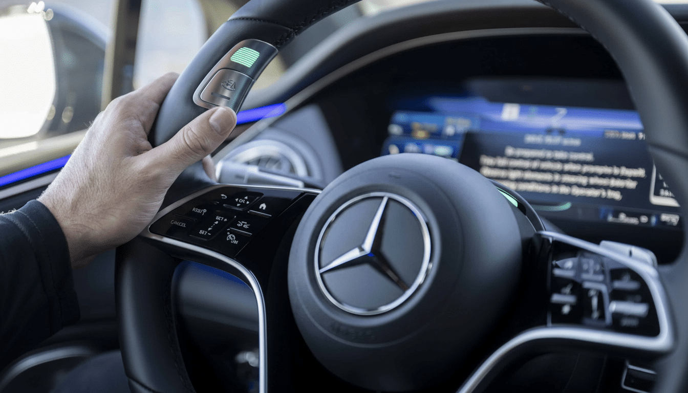 A hand is shown on the steering wheel of a modern Mercedes-Benz vehicle , with the dashboard and infotainment screen visible in the background.