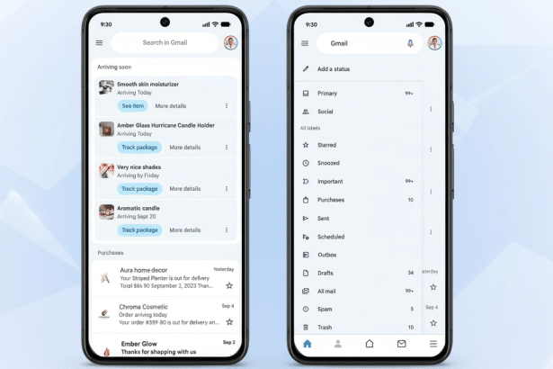 A 16: 9 aspect ratio image showing two smartphone screens side -by-side. The left screen displays a Gmail interface with package tracking updates unde