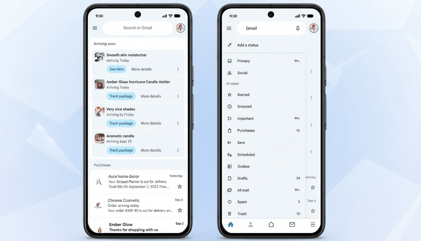 A 16: 9 aspect ratio image showing two smartphone screens side -by-side. The left screen displays a Gmail interface with package tracking updates unde