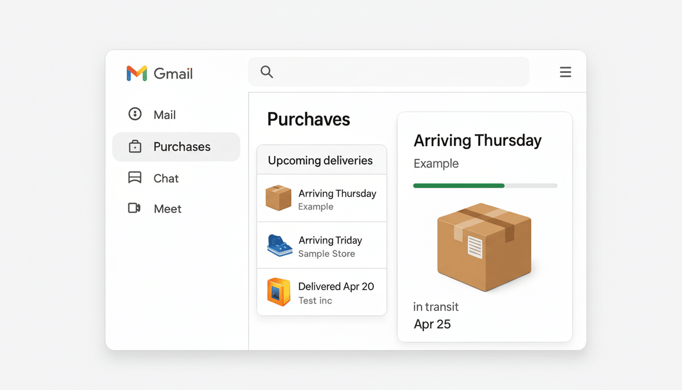 A professional, enhanced screenshot of the Gmail Purchases interface, resized to a 16: 9 aspect ratio. The image displays tracking information for var