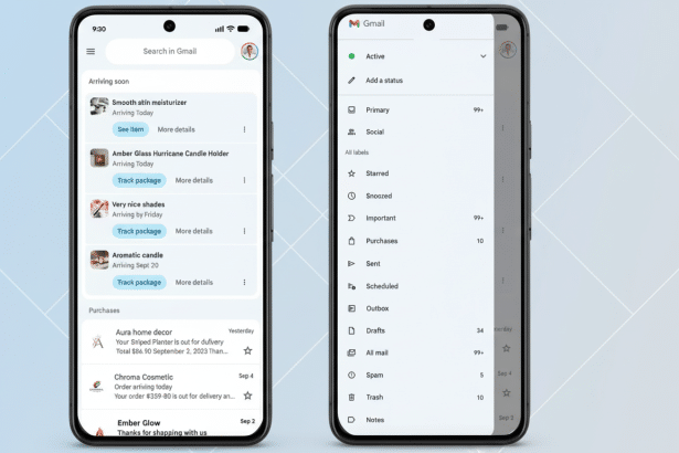 A 16: 9 aspect ratio image of two smartphone screens side -by-side, displaying Gmail interfaces. The left screen shows a Purchases section with packag